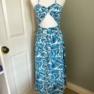 White and Blue, cutout, spaghetti strap, leaf print dress